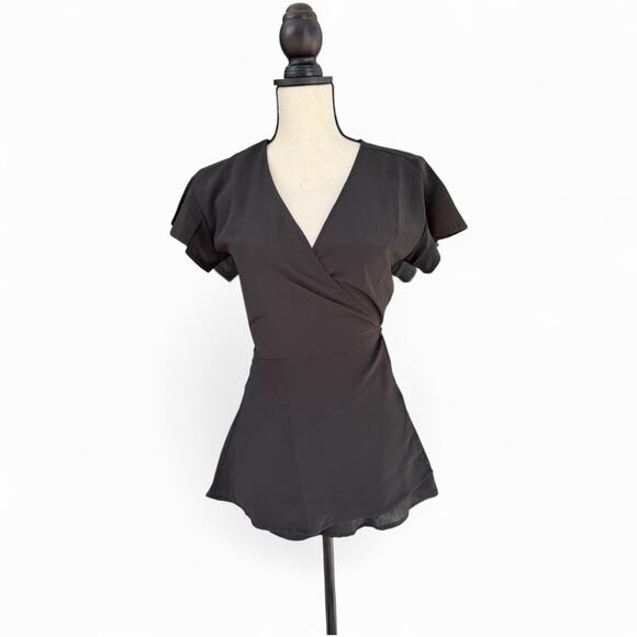 Women’s ModCloth XS Black Retro True Wrap Top Flutter Sleeves Blouse Ruffle NWT - Picture 2 of 5
